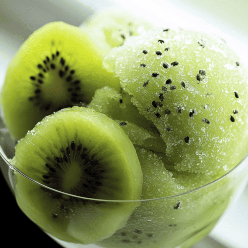Fresh kiwi slices and kiwi popsicles topped with black seeds, served in a glass.