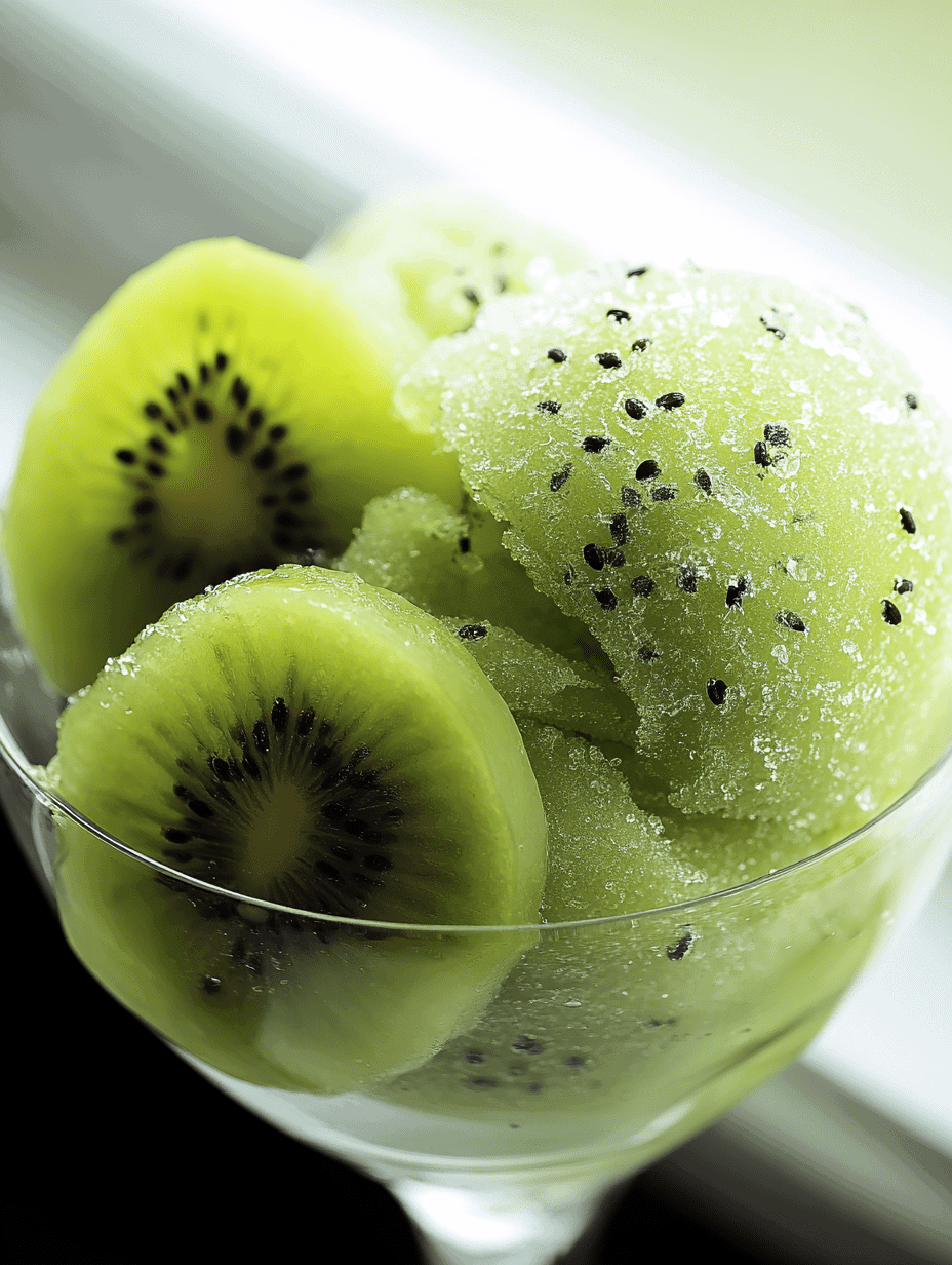 Fresh kiwi slices and kiwi popsicles topped with black seeds, served in a glass.