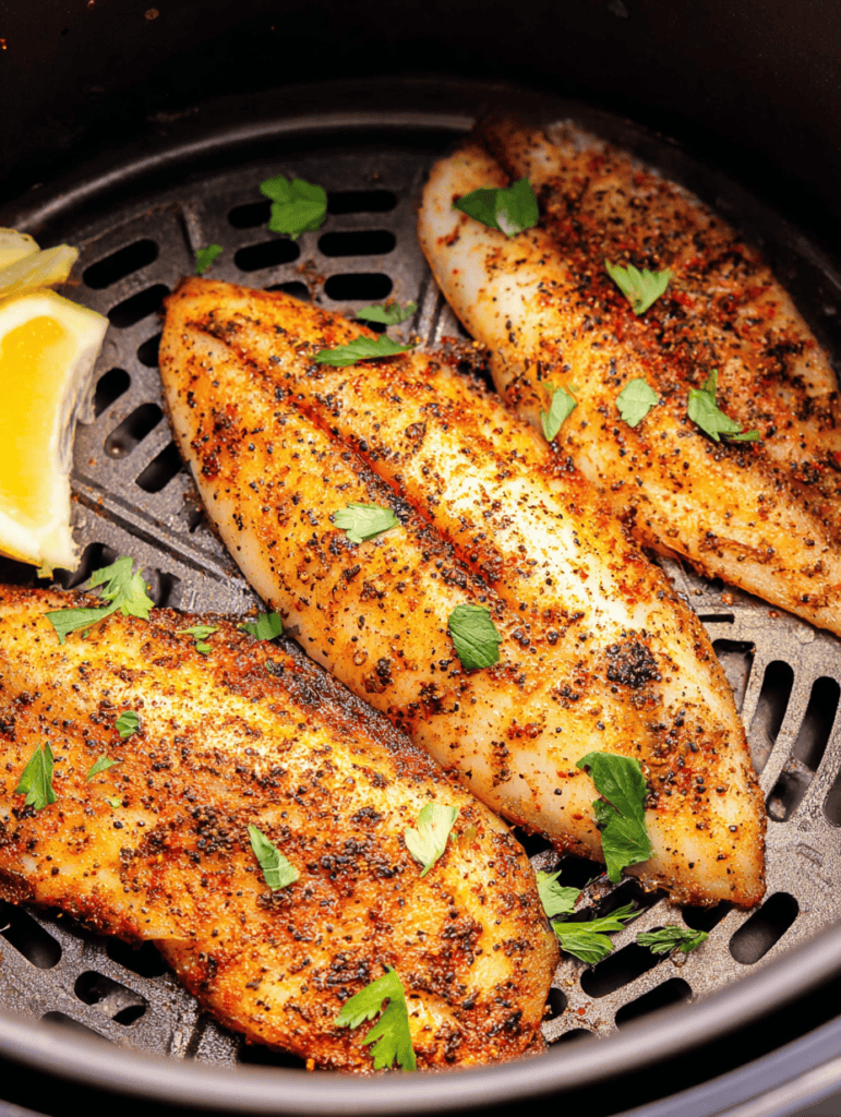 Pan-seared seasoned fish fillets with herbs and lemon wedges in an air fryer.