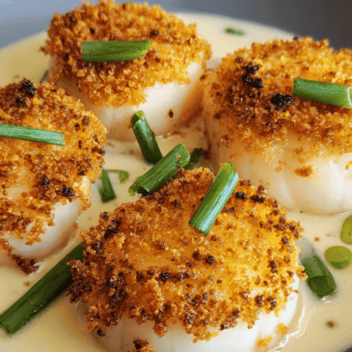 Golden baked scallops with crispy breadcrumb topping in a creamy sauce, garnished with green onions.
