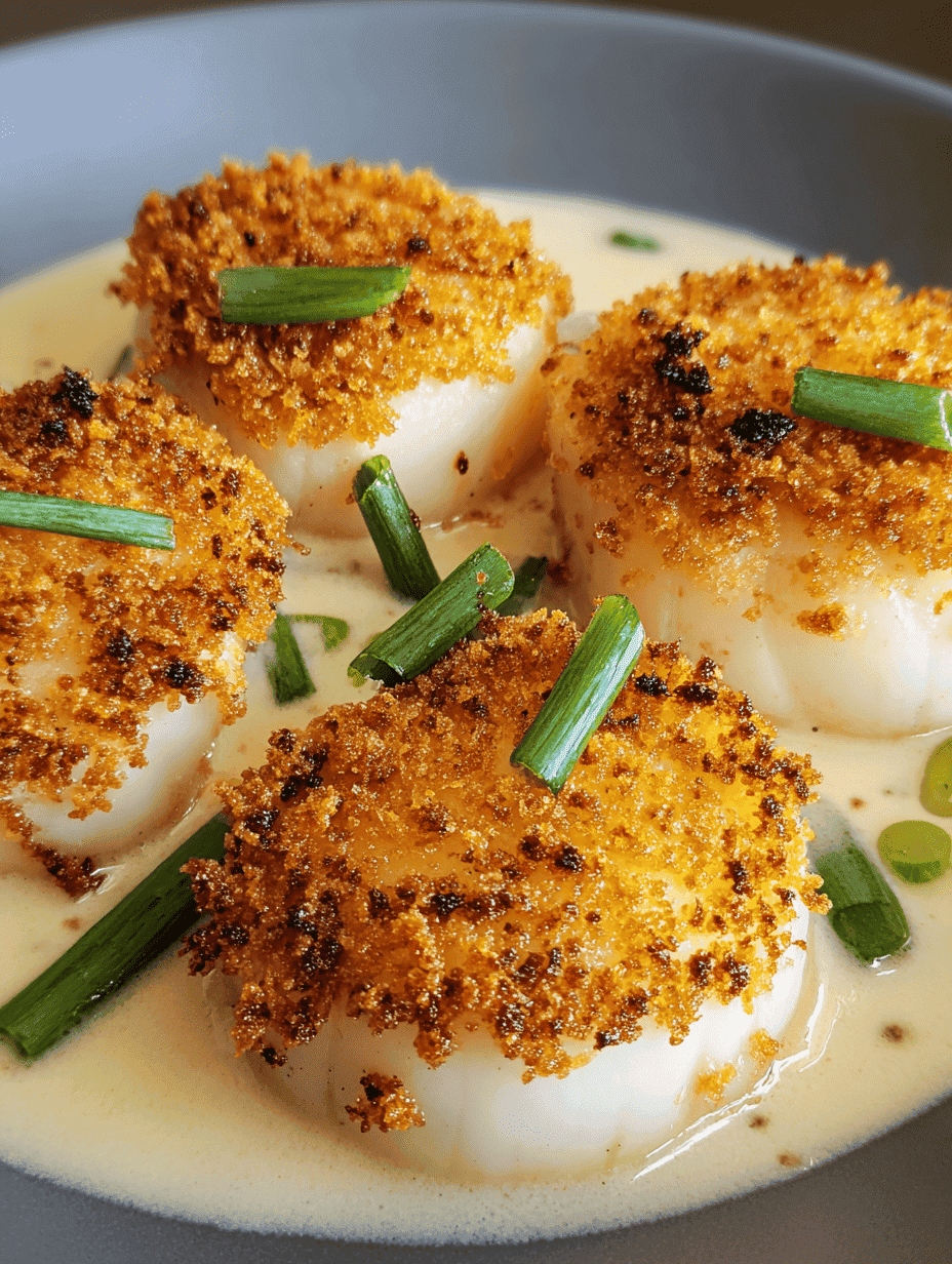 Golden baked scallops with crispy breadcrumb topping in a creamy sauce, garnished with green onions.