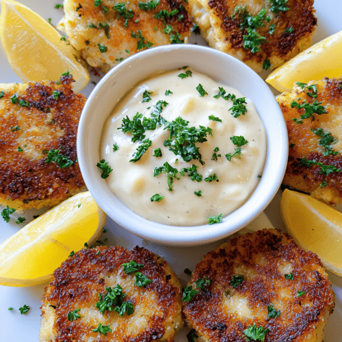Crispy crab cakes with tartar sauce and lemon wedges, seafood appetizer recipe, easy seafood meal, gluten-free crab cakes, delicious fish cakes.