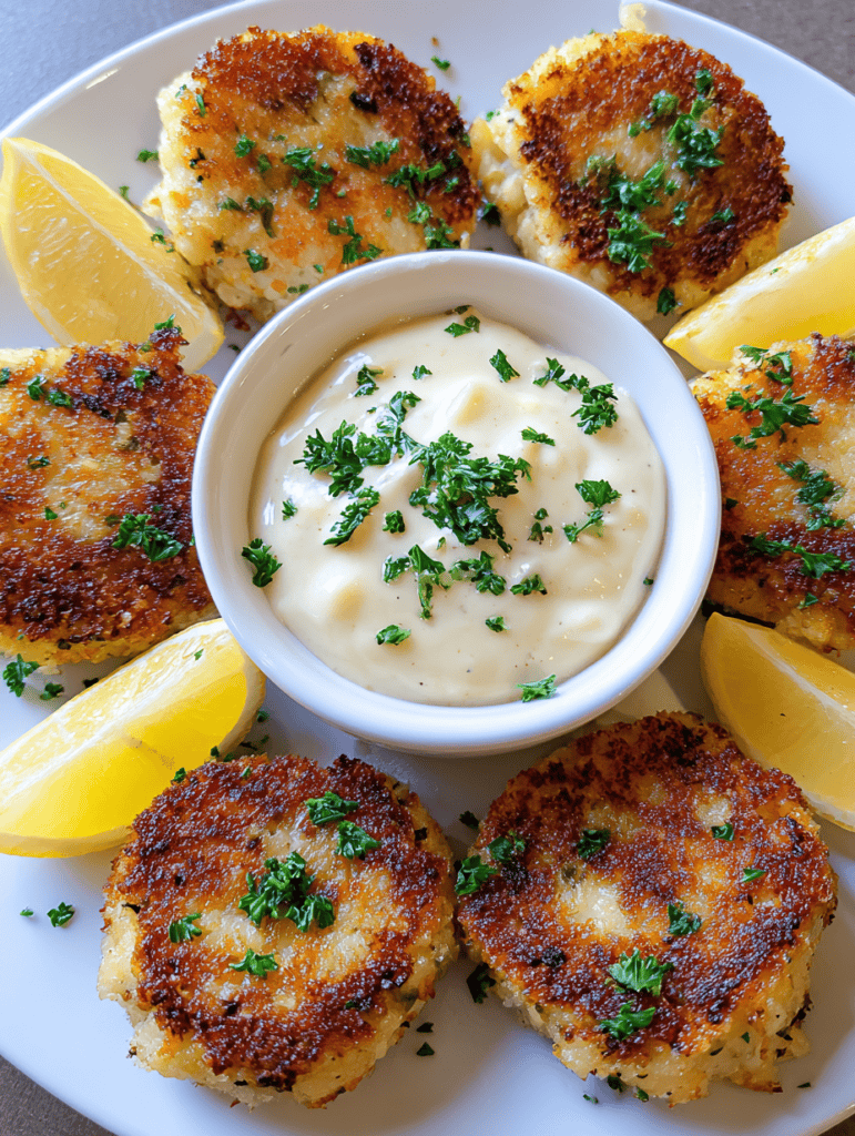 Crispy crab cakes with tartar sauce and lemon wedges, seafood appetizer recipe, easy seafood meal, gluten-free crab cakes, delicious fish cakes.