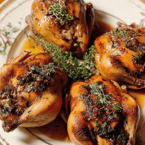 Savory roasted chicken thighs with herbs and glaze, served on an elegant porcelain plate.