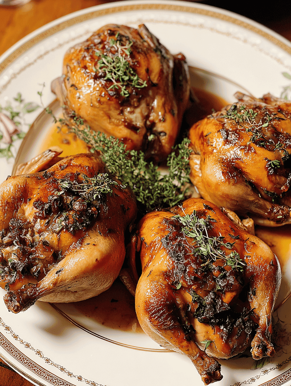 Savory roasted chicken thighs with herbs and glaze, served on an elegant porcelain plate.