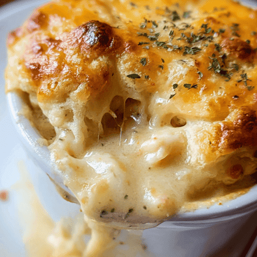 Creamy baked macaroni and cheese with golden crust and herbs on top, served hot.