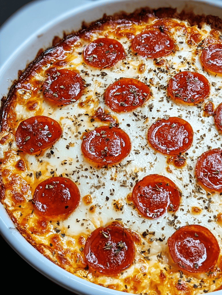 Oven-baked pepperoni pizza with melted cheese and herbs.