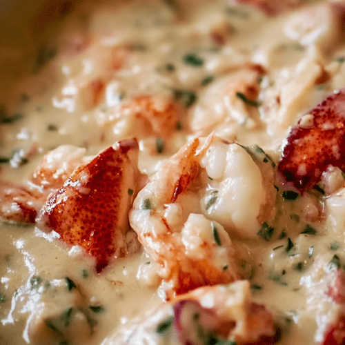 Savory lobster and herb cream sauce on seafood dish, close-up.