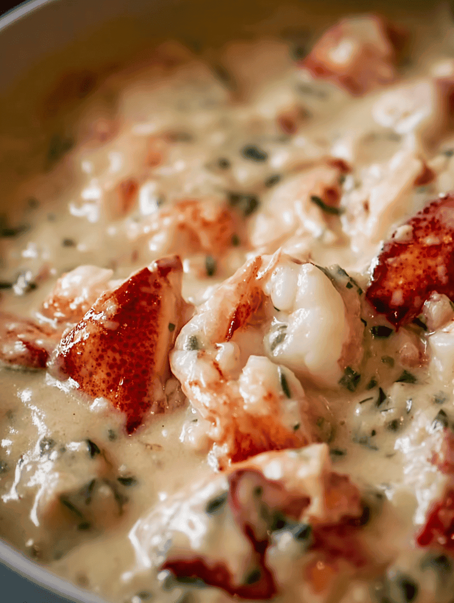 Savory lobster and herb cream sauce on seafood dish, close-up.