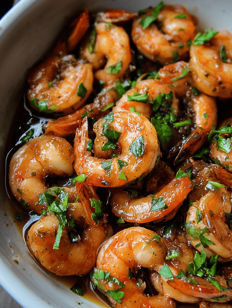 Succulent garlic butter shrimp with fresh herbs in a flavorful sauce, perfect for seafood lovers.