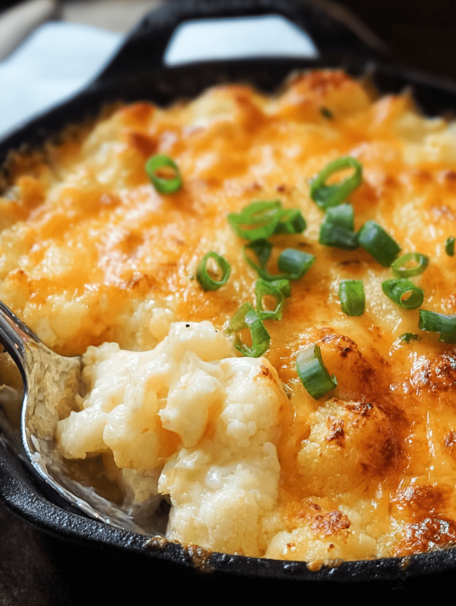 Creamy cauliflower cheese baked in a skillet, topped with melted cheese and fresh green onions for a comforting side dish.