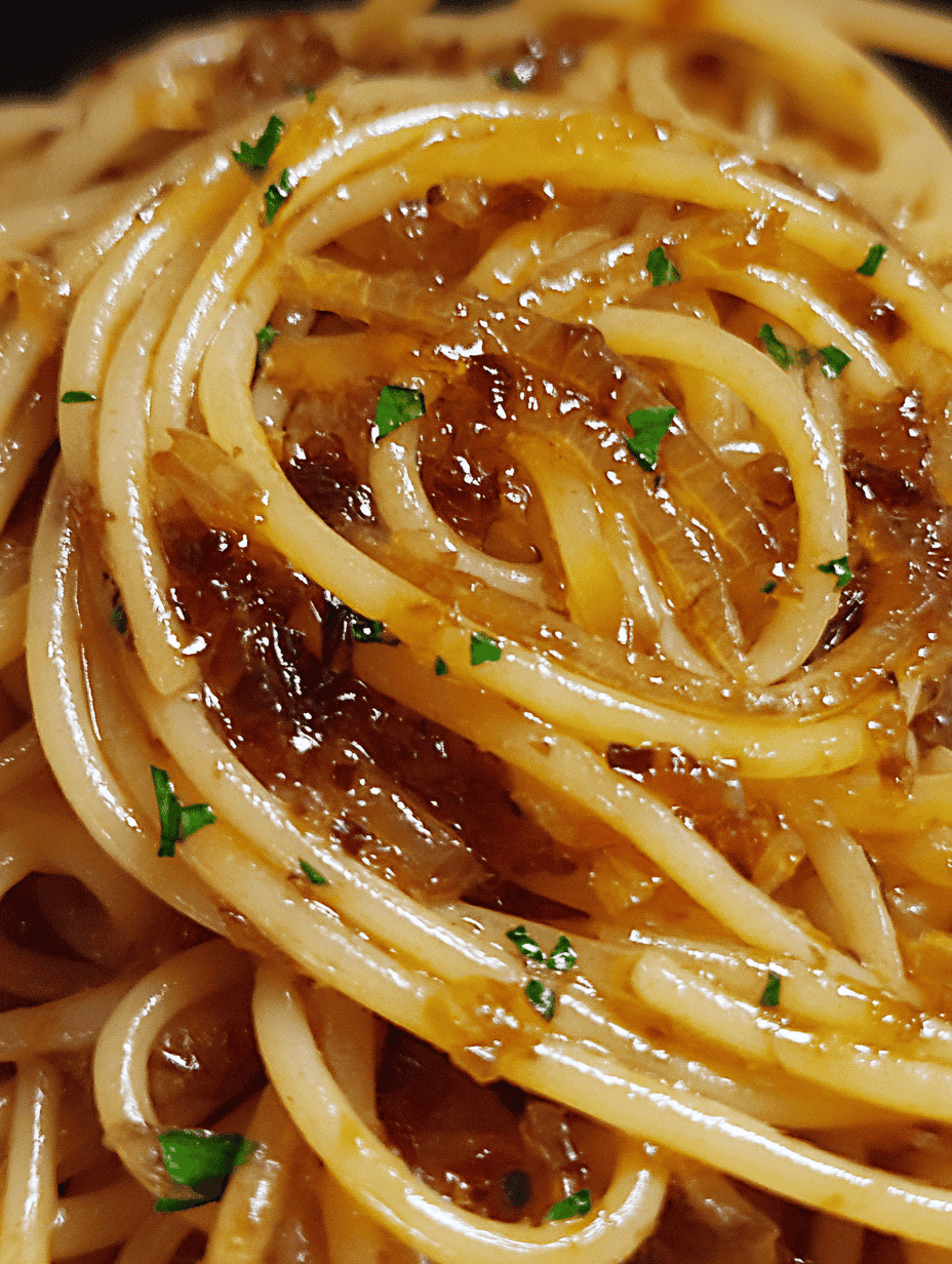 Creamy caramelized onion spaghetti with chopped parsley on top.