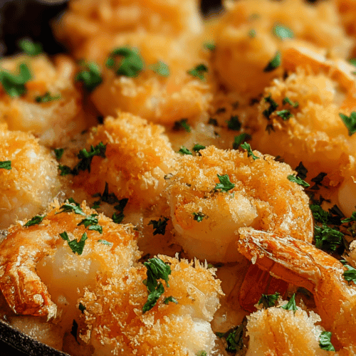 Crispy baked shrimp with garlic and parsley on a skillet, close-up.