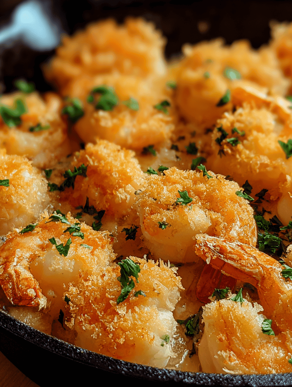 Crispy baked shrimp with garlic and parsley on a skillet, close-up.