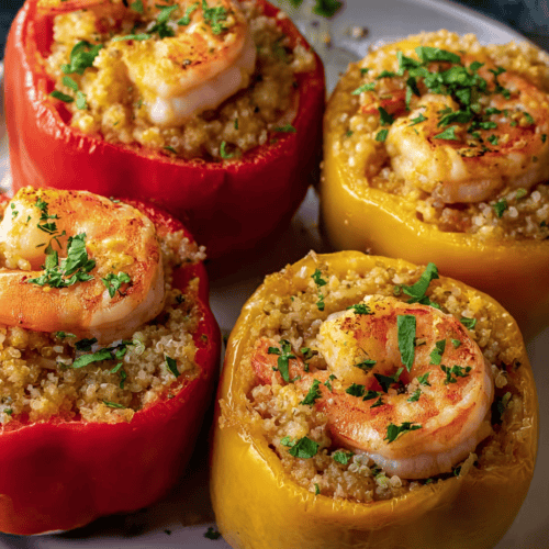 Baked stuffed bell peppers with shrimp and quinoa, garnished with fresh herbs.