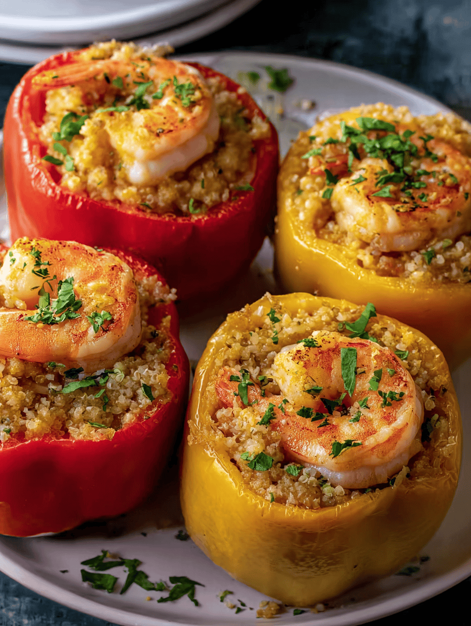 Baked stuffed bell peppers with shrimp and quinoa, garnished with fresh herbs.