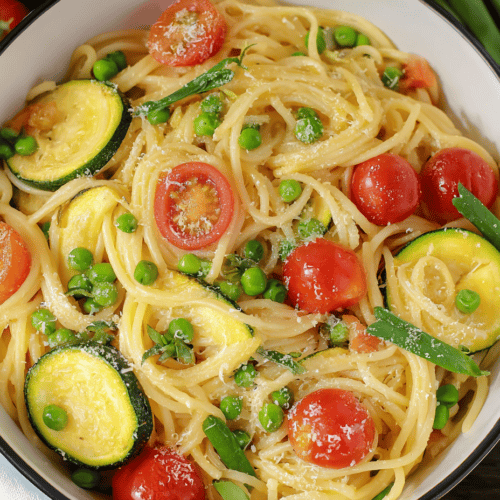 Creamy vegetable pasta with cherry tomatoes, zucchini, and green peas in a white bowl.