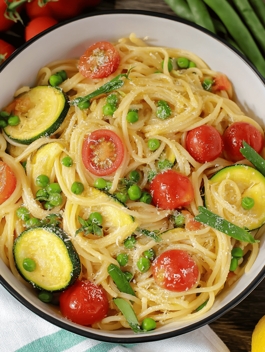 Creamy vegetable pasta with cherry tomatoes, zucchini, and green peas in a white bowl.
