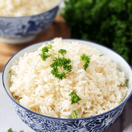 Fluffy cooked white rice garnished with fresh parsley in a blue patterned bowl.