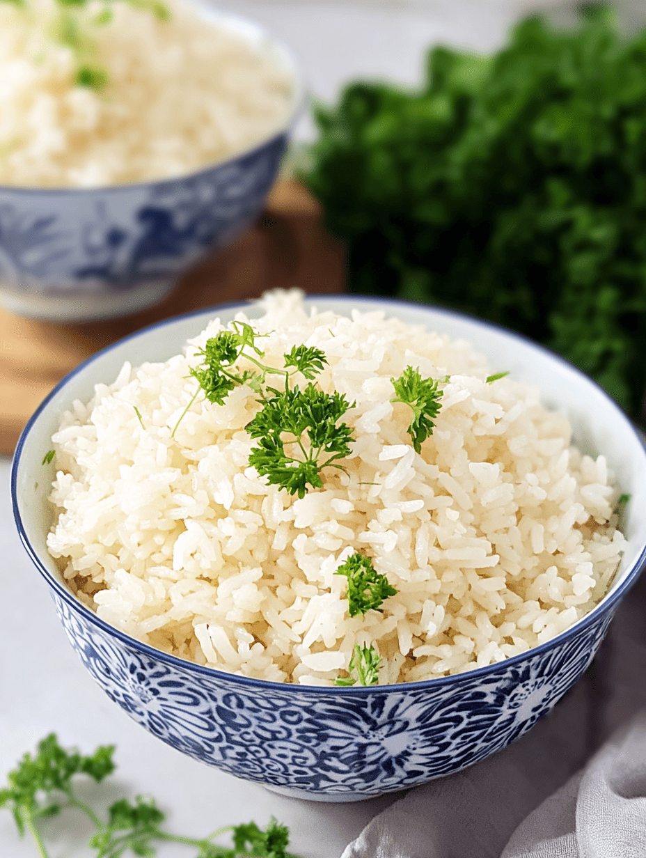 Fluffy cooked white rice garnished with fresh parsley in a blue patterned bowl.
