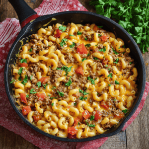 Creamy ground beef macaroni skillet with tomatoes and herbs.
