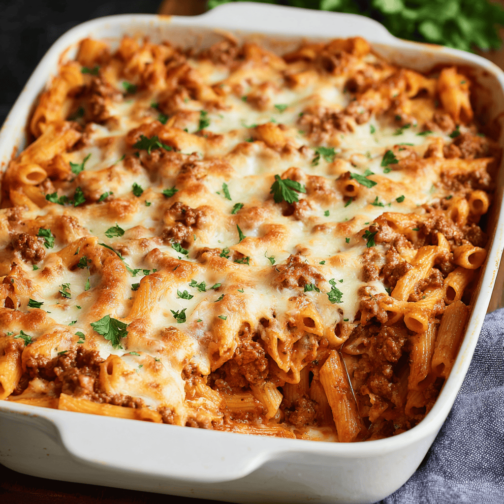 Creamy baked pasta with ground beef and melted cheese, perfect comfort food.