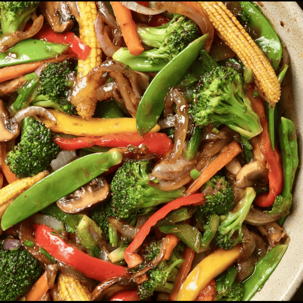 Stir-fried mixed vegetables with broccoli, bell peppers, snap peas, mushrooms, and baby corn, healthy veggie stir-fry recipe.