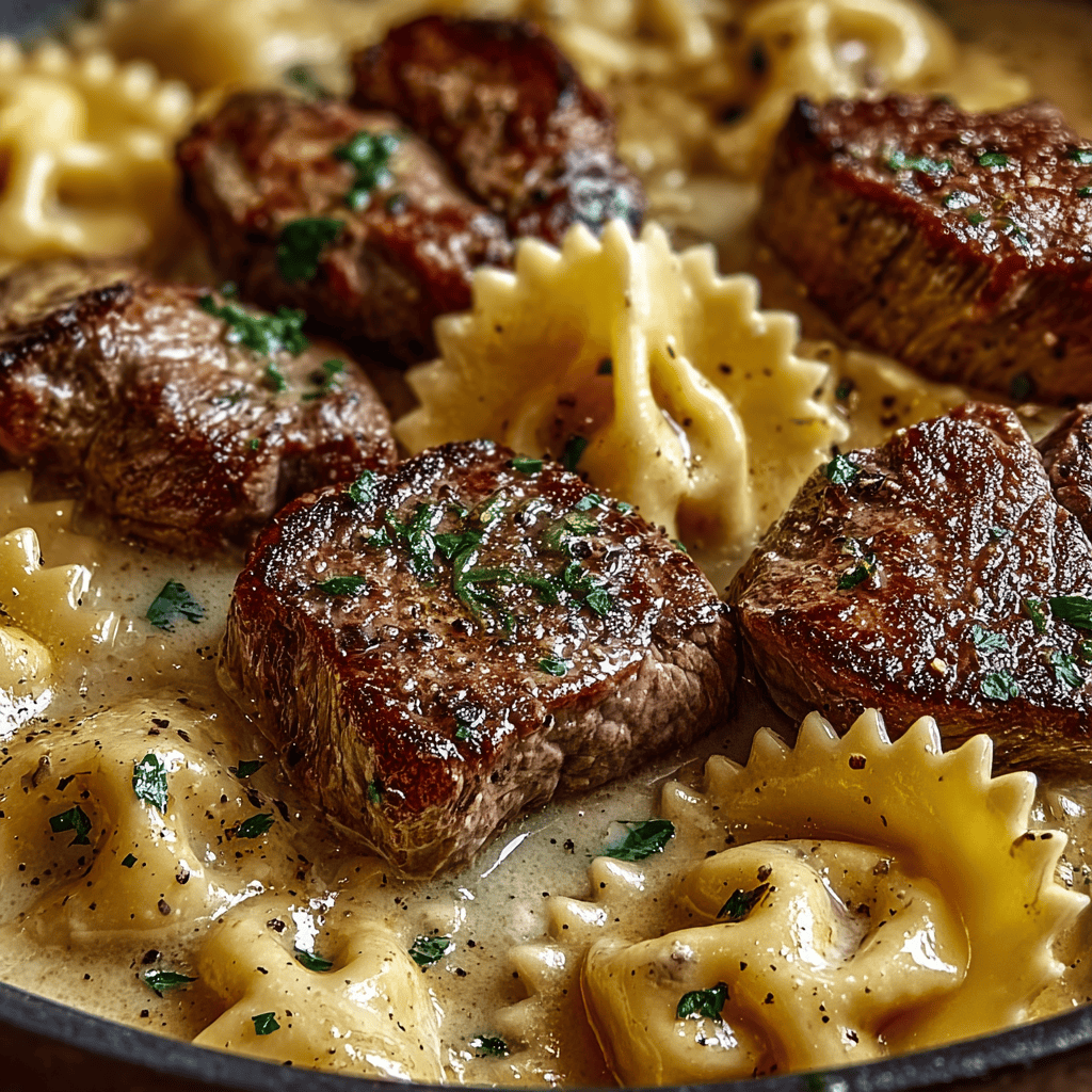Seared beef and bowtie pasta in creamy sauce with herbs, close-up, delicious beef pasta dish, dinner recipe, comfort food.