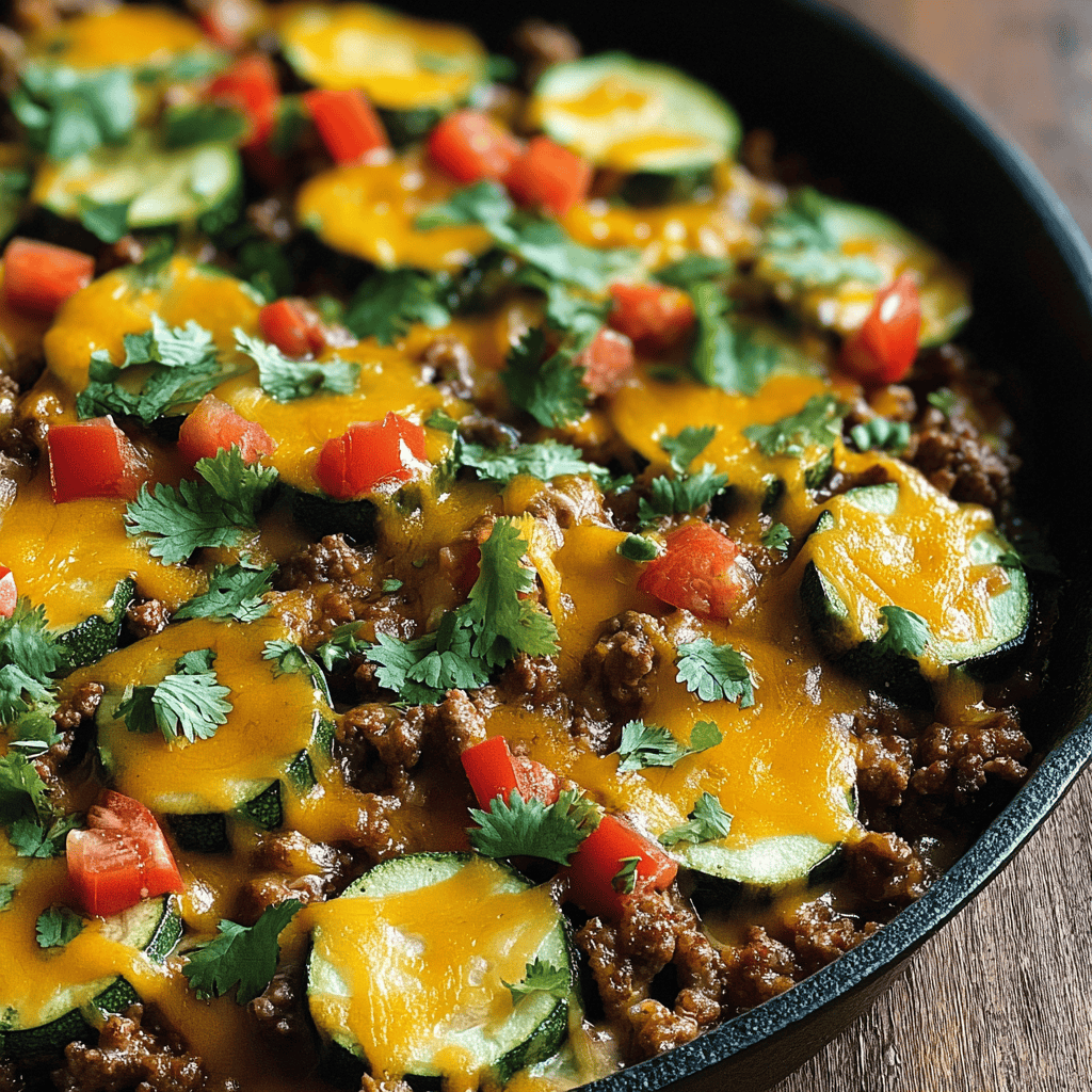 Ground beef stuffed zucchini skillet with melted cheese and fresh herbs. A savory and healthy low-carb dinner idea for the whole family.
