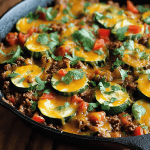 Zucchini and ground beef casserole with melted cheese, fresh herbs, and colorful vegetables. Perfect for healthy dinner recipes.