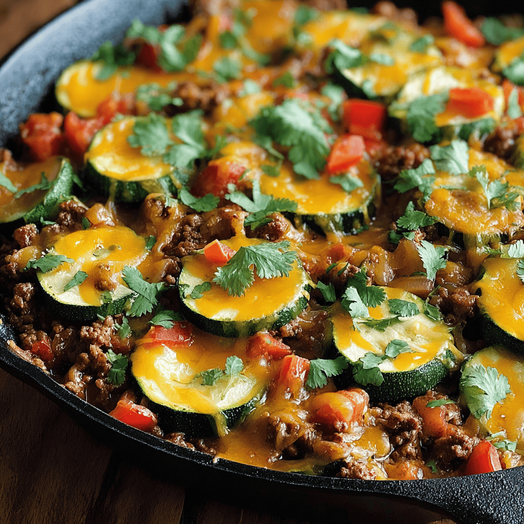 Zucchini and ground beef casserole with melted cheese, fresh herbs, and colorful vegetables. Perfect for healthy dinner recipes.