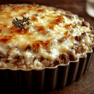 Creamy baked rice casserole with melted cheese and ground beef, garnished with herbs.