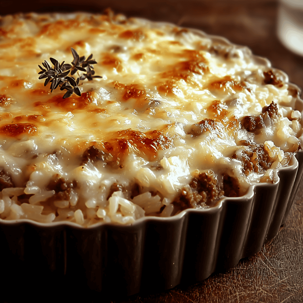 Creamy baked rice casserole with melted cheese and ground beef, garnished with herbs.