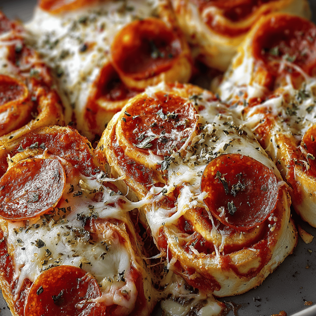 Pepperoni pizza rolls with melted cheese and herbs, baked to perfection. Delicious appetizer or snack option.