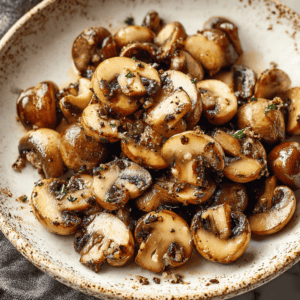 Sautéed mushrooms with garlic and herbs on a rustic plate, perfect for side dishes or appetizers.