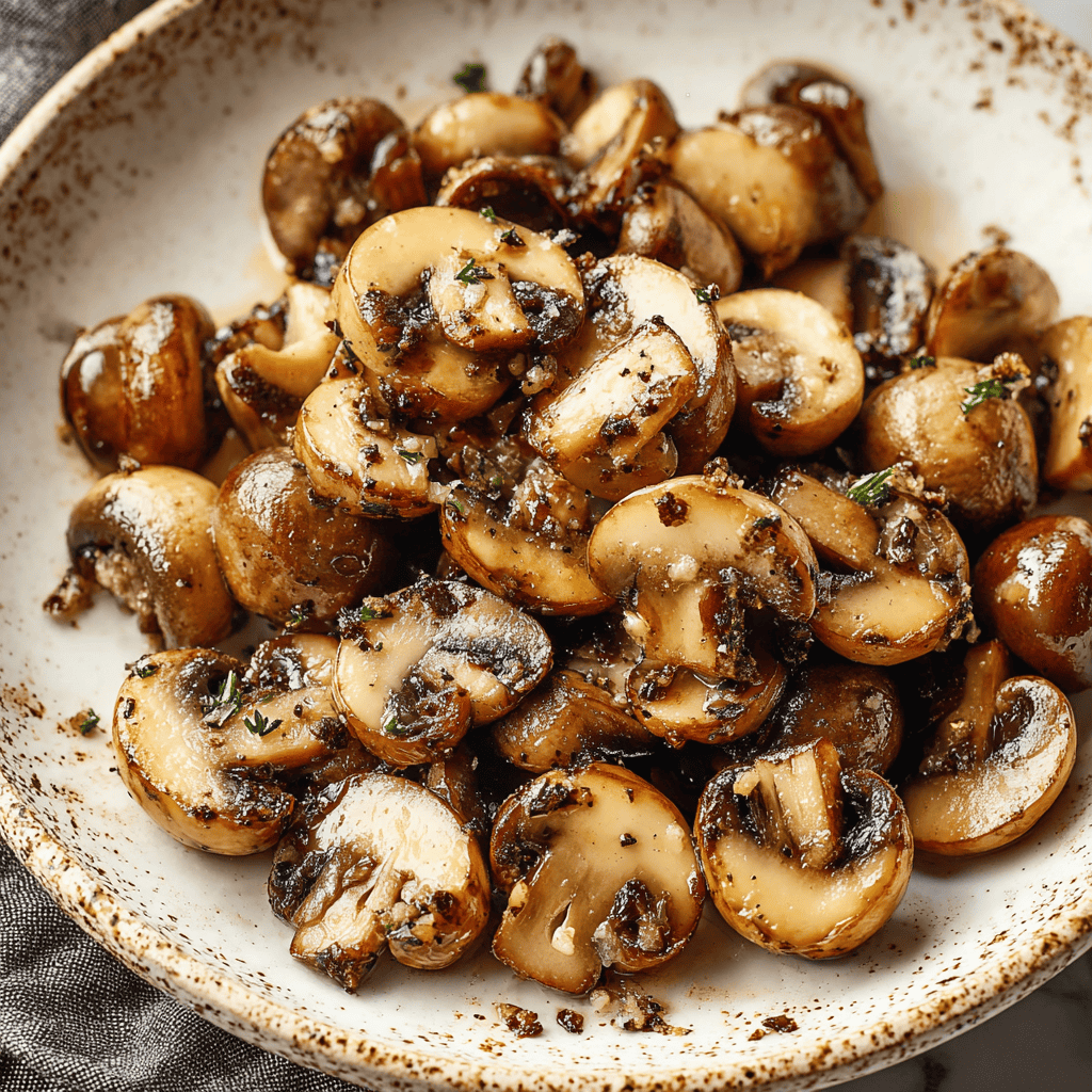 Sautéed mushrooms with garlic and herbs on a rustic plate, perfect for side dishes or appetizers.