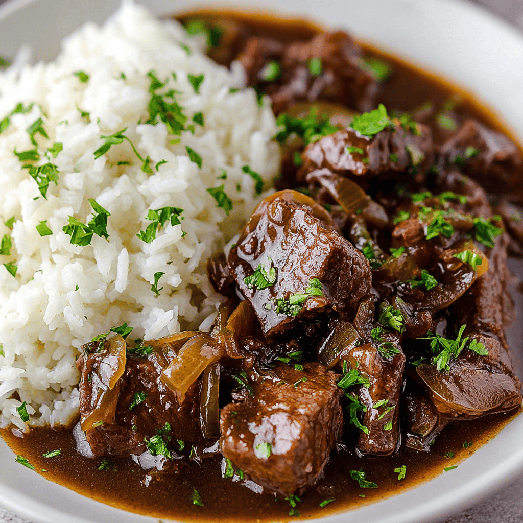 Juicy beef stew with onions, served with white rice, garnished with fresh parsley, delicious comfort food.