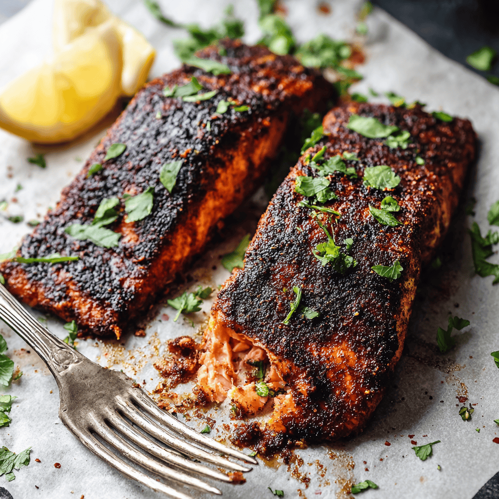 Crispy baked salmon with a spice crust and fresh herbs, served with lemon wedges.