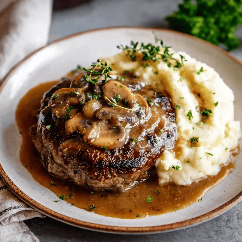 Savory beef steak with mushroom gravy served with mashed potatoes on a rustic plate.