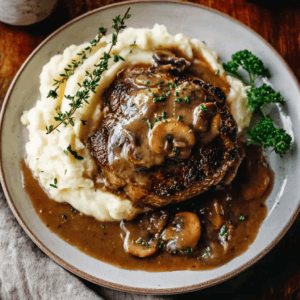 Succulent beef steak with mushroom gravy served over creamy mashed potatoes, garnished with fresh herbs.