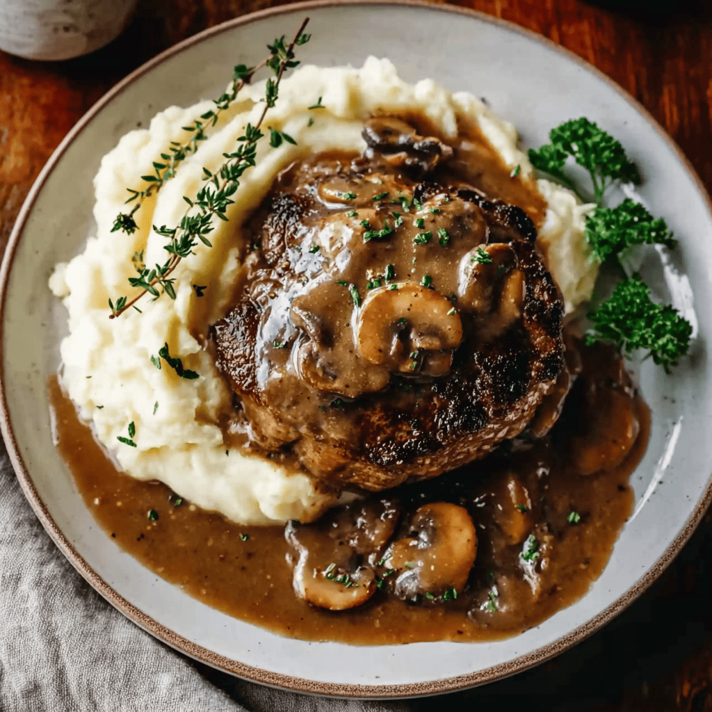 Succulent beef steak with mushroom gravy served over creamy mashed potatoes, garnished with fresh herbs.