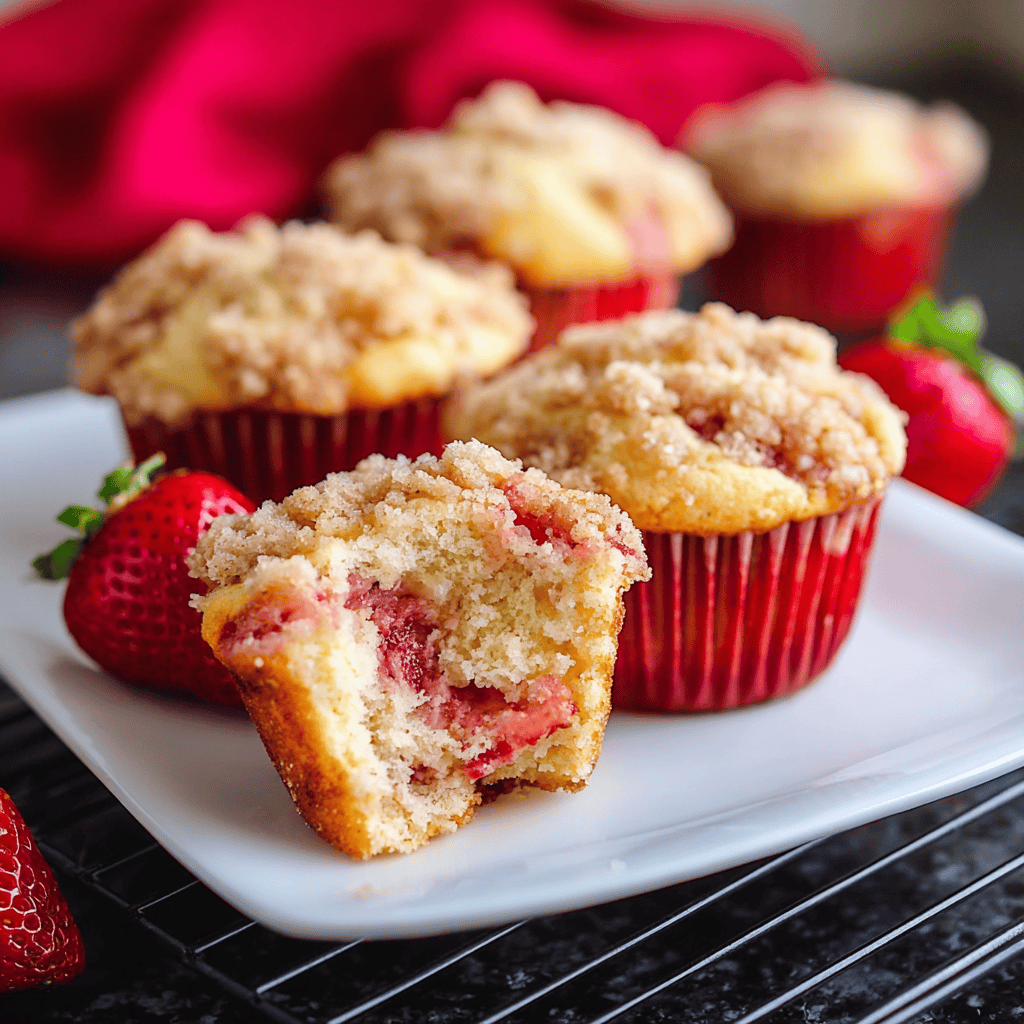 Cream cheese strawberry muffins with crumb topping on a white plate.