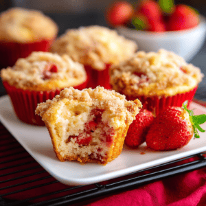 Fresh strawberry crumb muffins with strawberry chunks, served on a white plate with fresh strawberries.