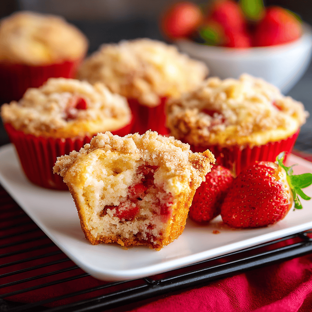 Fresh strawberry crumb muffins with strawberry chunks, served on a white plate with fresh strawberries.