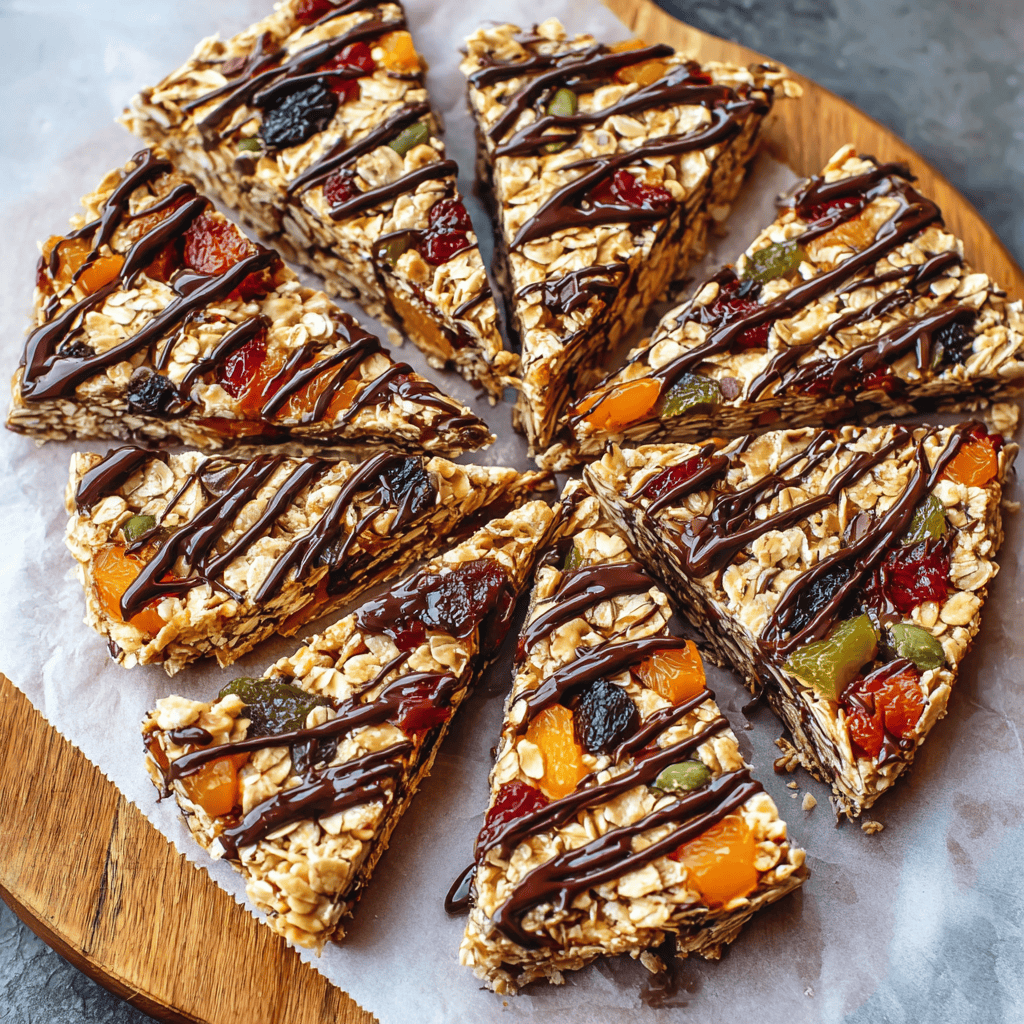 Fresh homemade fruitcake bars drizzled with chocolate, topped with oats and dried fruits, on a wooden serving board.