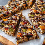 No-bake granola bars with dried fruit and chocolate drizzle for healthy snacking.
