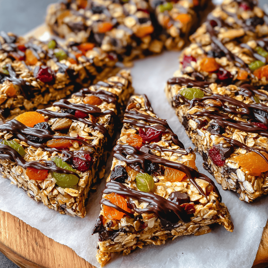 No-bake granola bars with dried fruit and chocolate drizzle for healthy snacking.