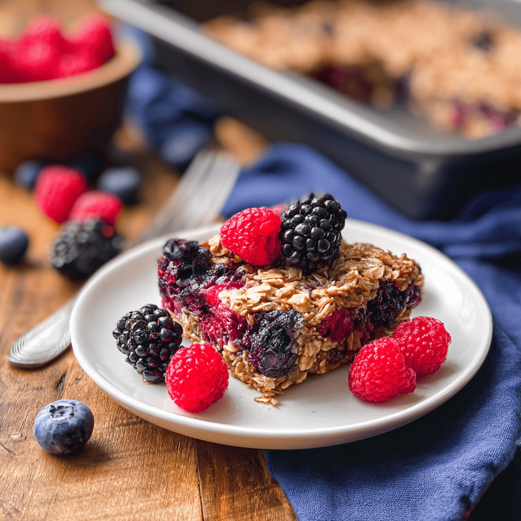 Fresh berry crumble bar on a white plate with mixed berries scattered around, served on a rustic wooden surface.