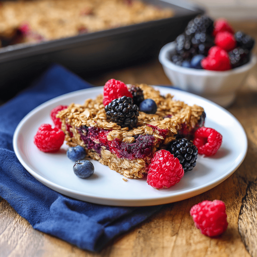 Fresh berry oat bar with raspberries, blackberries, and blueberries on a white plate.