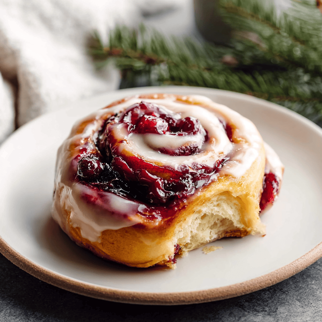Sweet cinnamon roll with cherry topping and icing on a white plate.